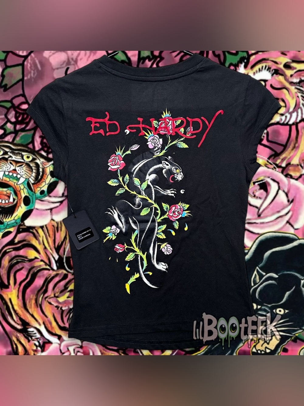 Ed Hardy Ladies SM Charcoal Cap Sleeve Floral Black Panther Baby Tee NEW Y2K